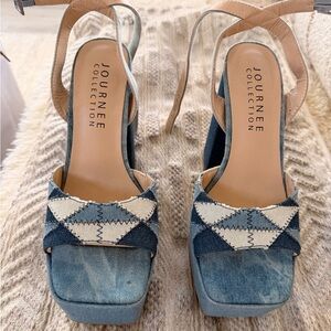 Journee Collection Patchwork Denim Platform Heels
